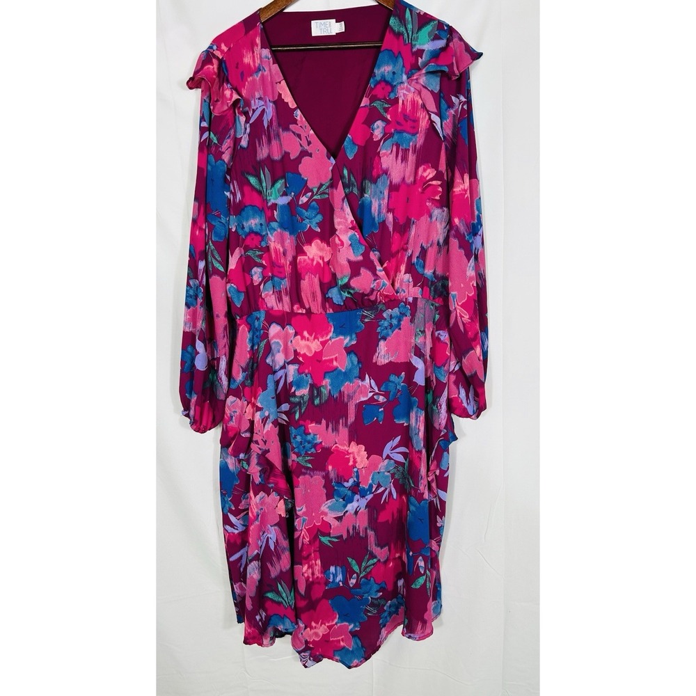 Time & True Womens Long Sleeve Midi Dress Size 3X Colorful Floral Artsy Cocktail